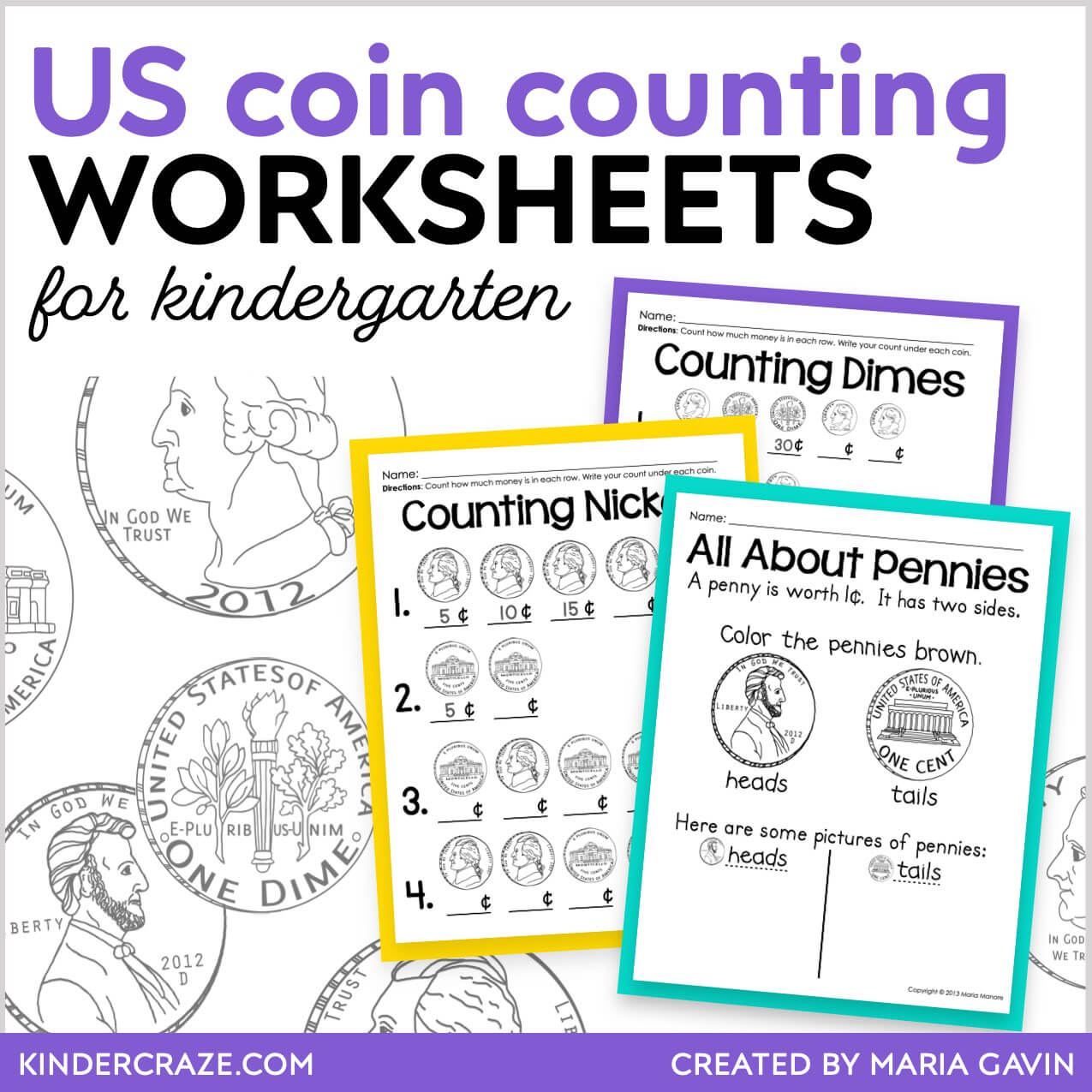 Counting and Identifying US Coins Worksheets for Kindergarten
