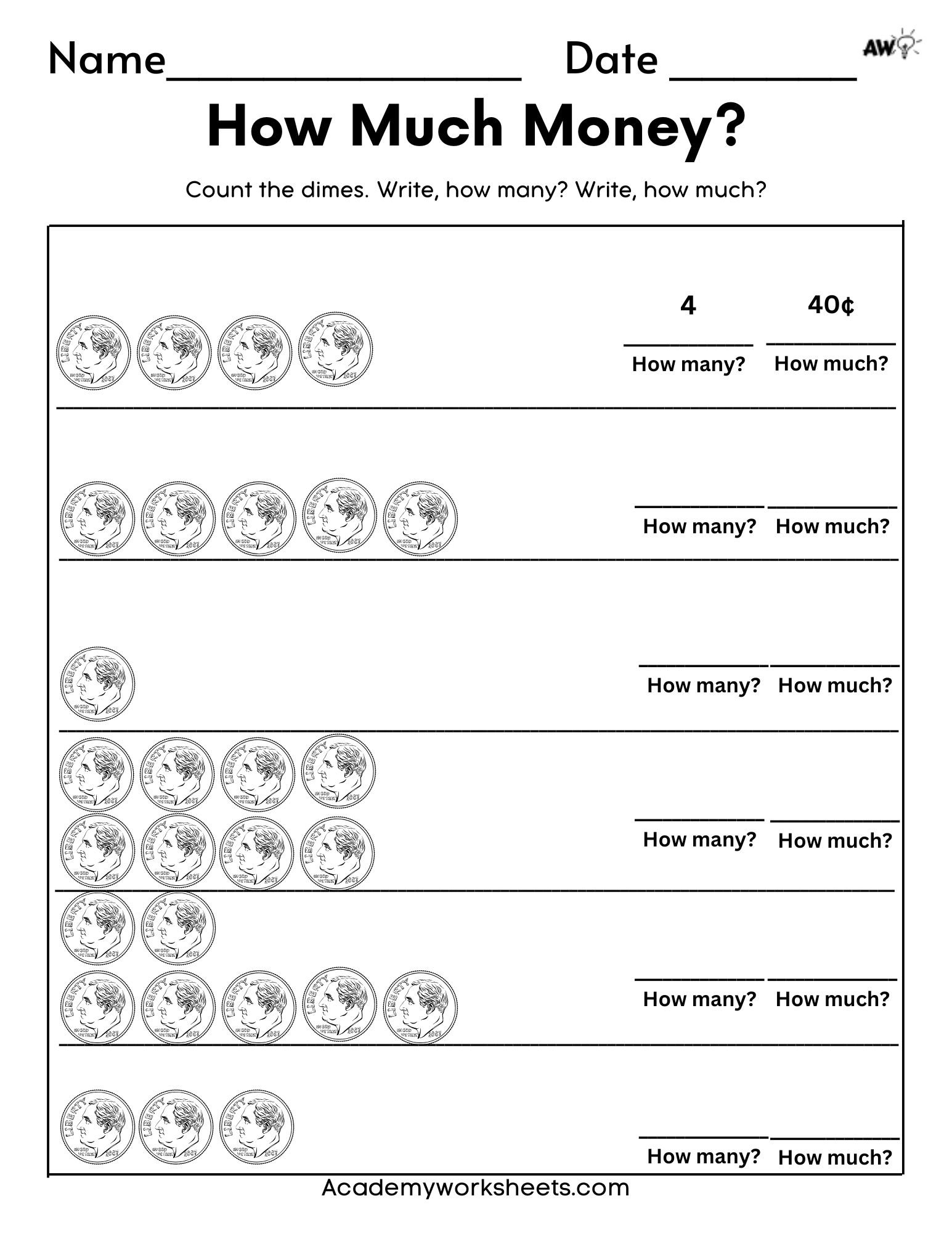 dime worksheet for kindergarten