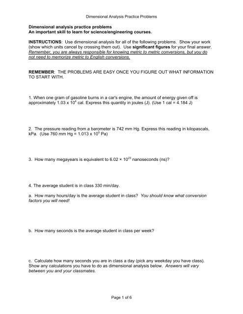 Dimensional Analysis Worksheet 2