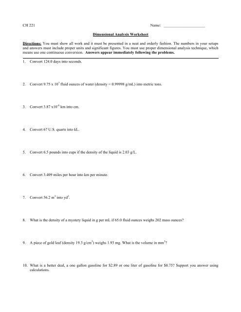 Dimensional Analysis Worksheet 221