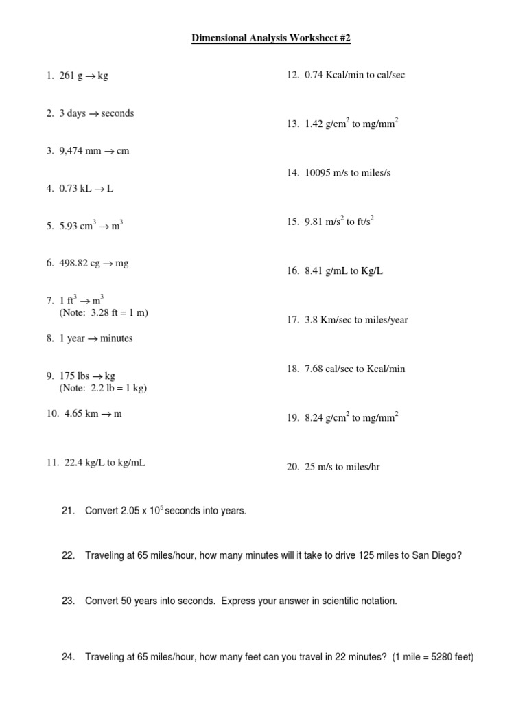 Dimensional Analysis Worksheet 2 Download Free PDF Volume Litre