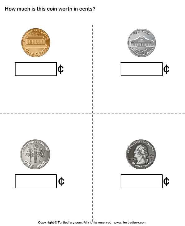 Identify Penny Nickel Dime Quarter | Turtle Diary Worksheet