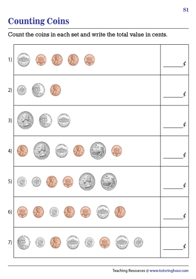 Pennies, Nickels, Dimes, and Quarters | Mixed Coins Worksheets