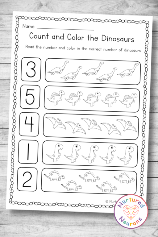Dinosaur Count and Color Worksheet (1-5 Printable PDF) - Nurtured ...