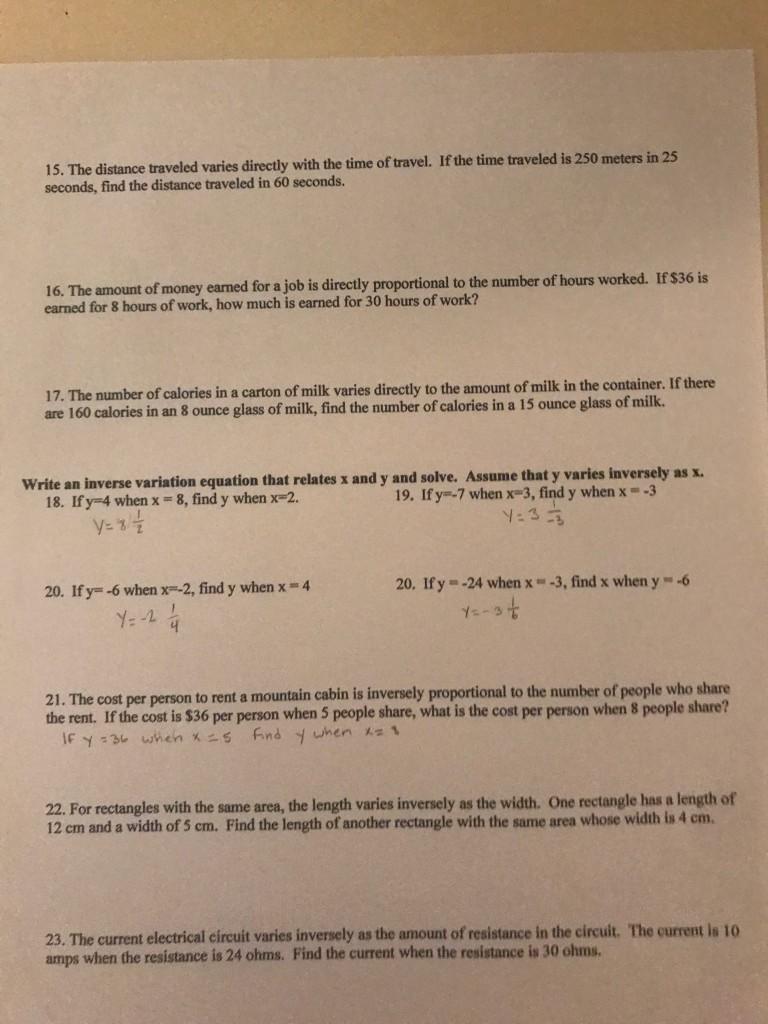 direct and inverse variation worksheet answers