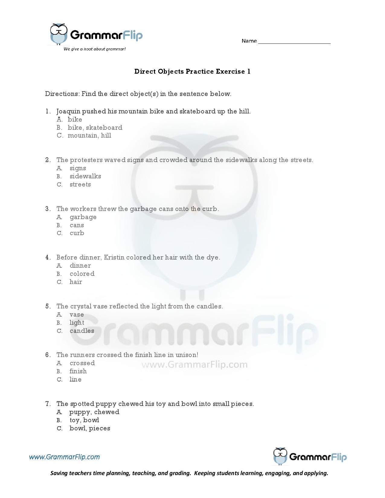Direct Objects - Free Worksheet - Worksheets Library