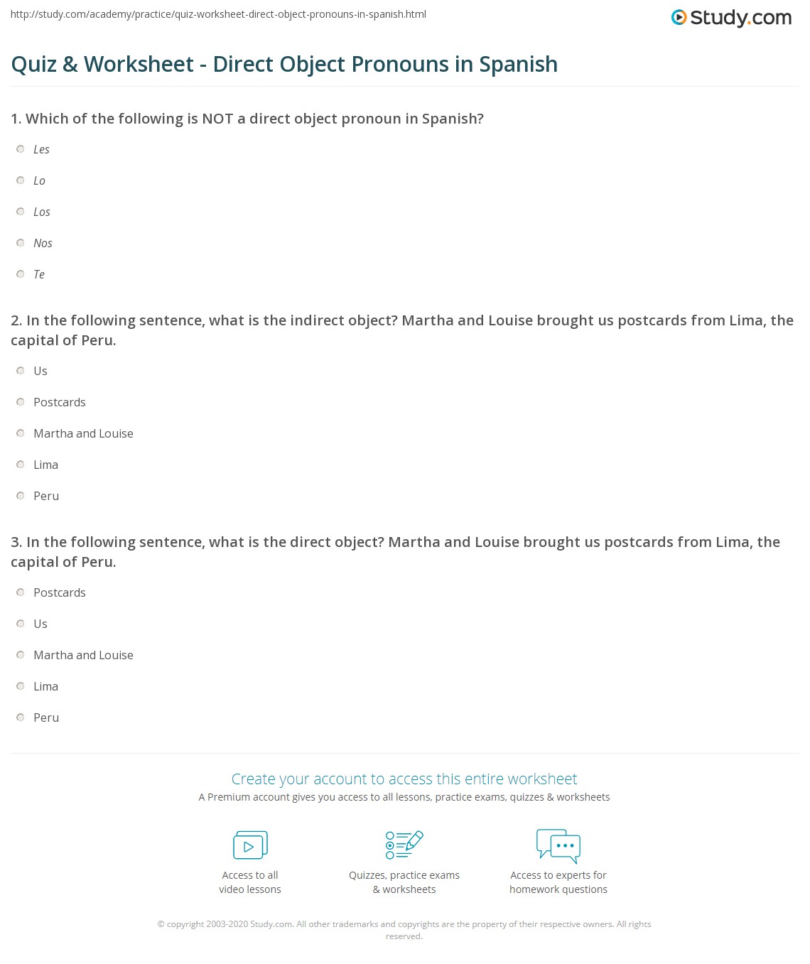 Quiz &  Worksheet - Direct Object Pronouns in Spanish | Study.com