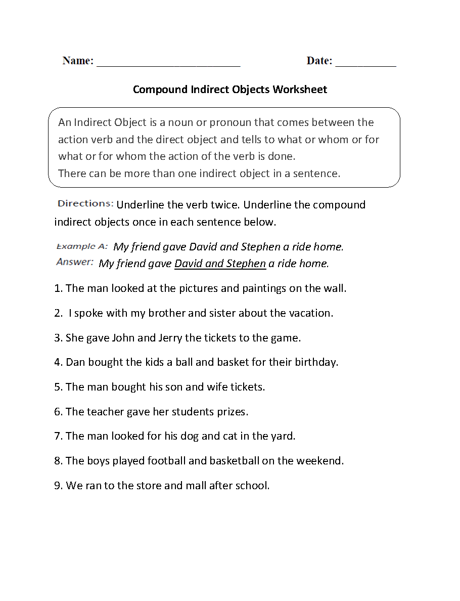 Parts of a Sentence Worksheets | Direct and Indirect Objects ...