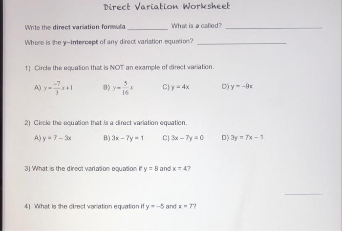 Solved Direct Variation Worksheet Write the direct variation
