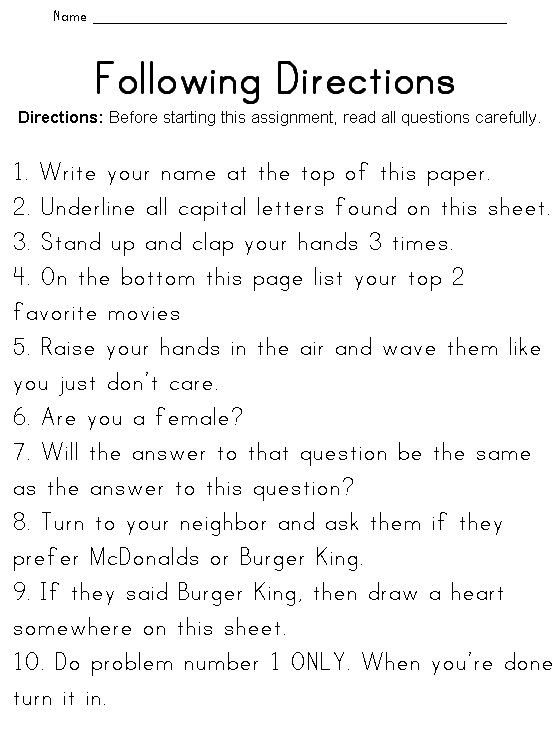 Printable Following Directions Worksheet Funny