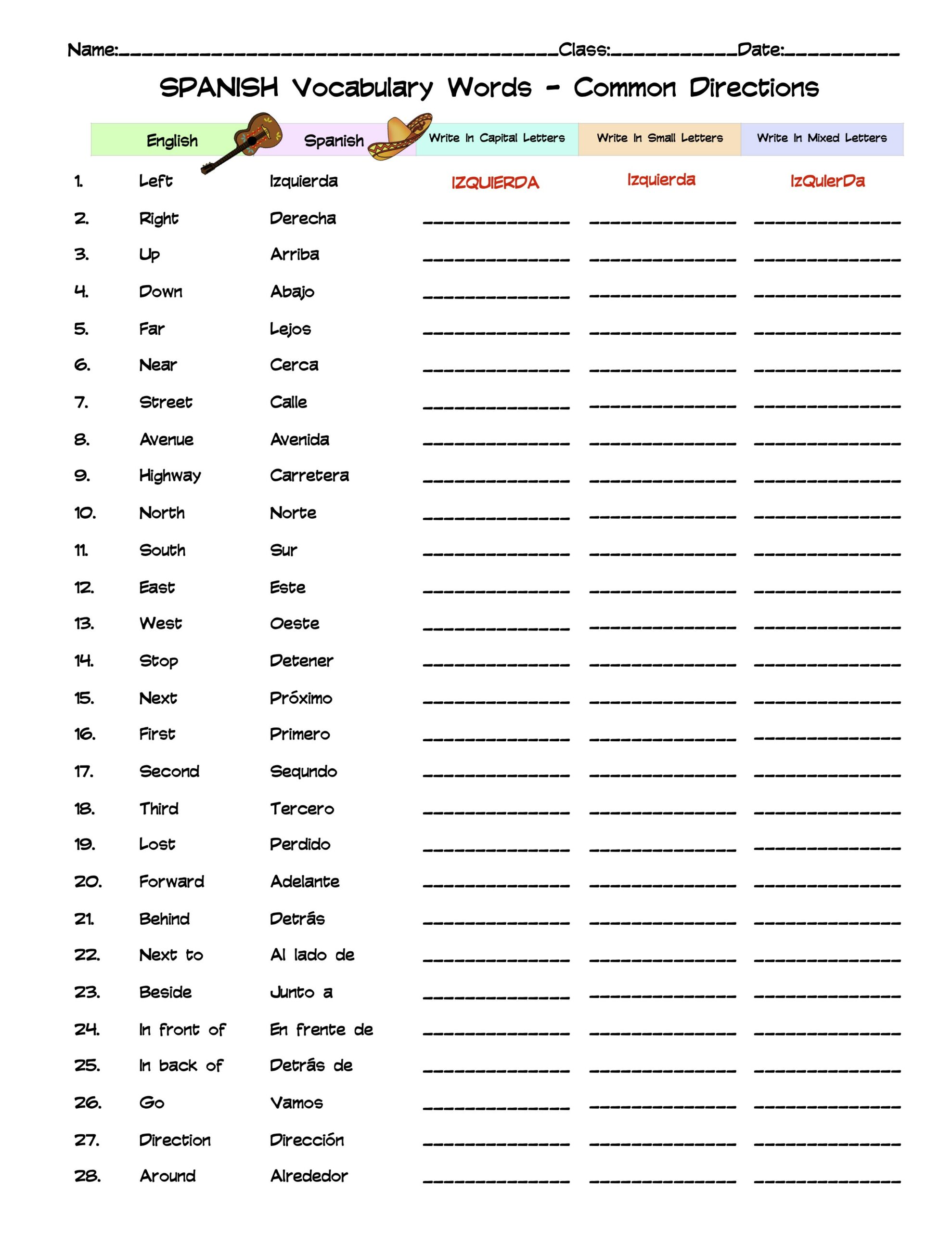 Spanish Common Directions Vocabulary Word List Column Worksheet 