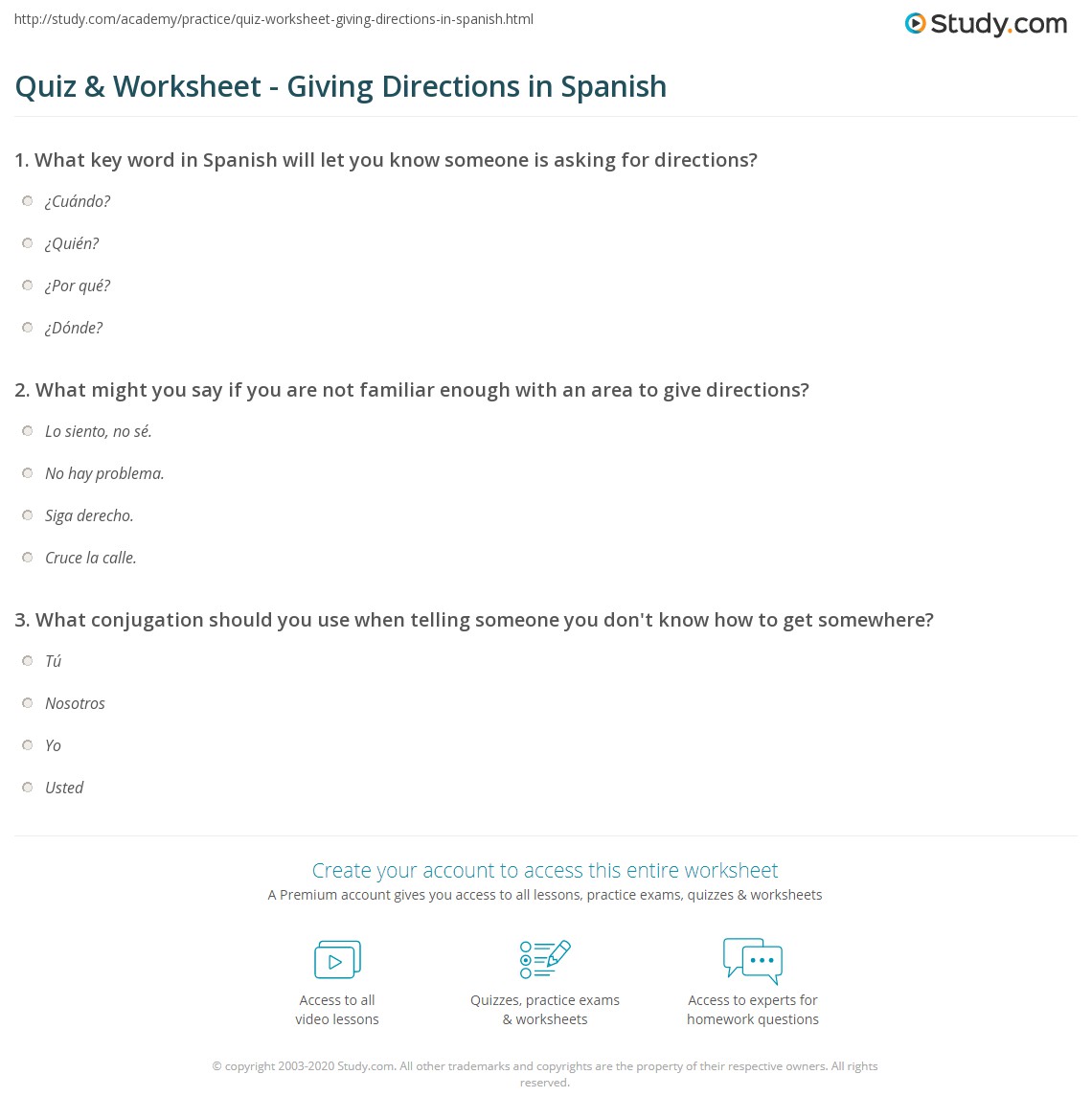 directions in spanish worksheet