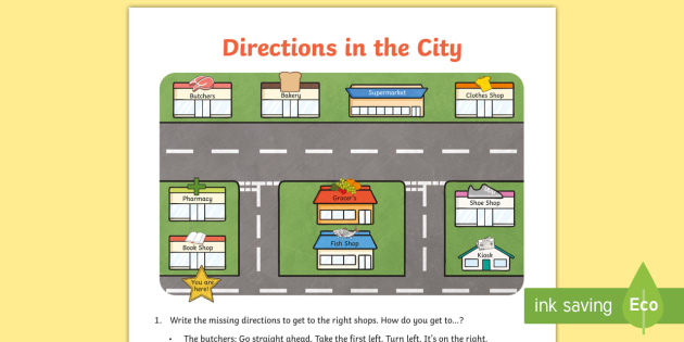 Directions in the City Worksheet / Worksheet - Twinkl