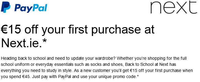 Get €15 Off When You Spend €45 on Next.ie using PayPal