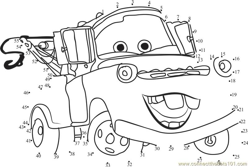 Funny Cars Disney dot to dot printable worksheet - Connect The Dots