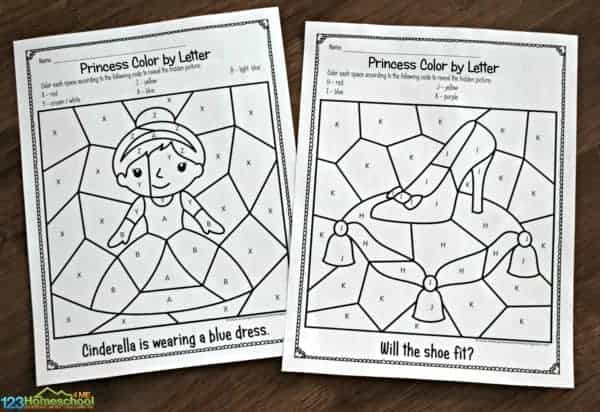 FREE Princess Cinderella Color by Letter Printable Worksheets