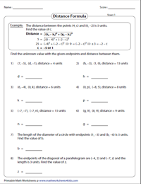 Distance Formula Worksheets