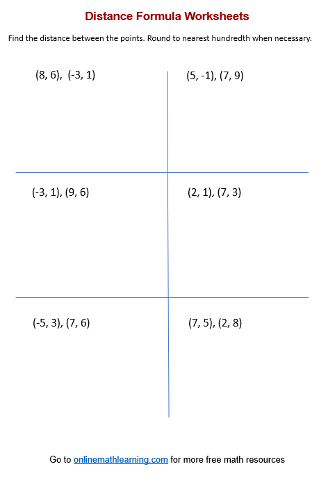 Distance Formula Worksheets (printable, online, answers, examples)