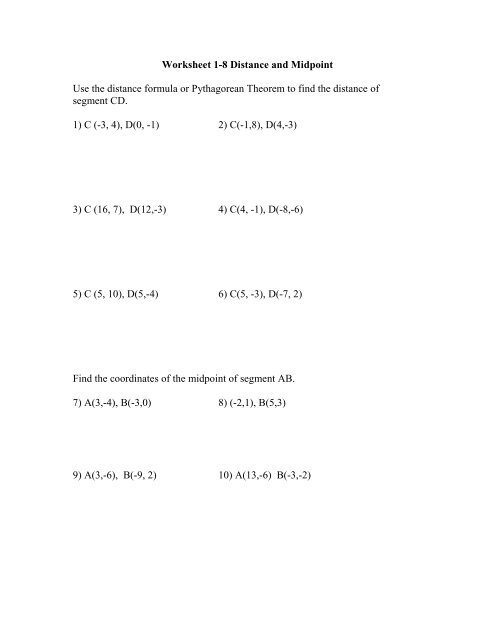 distance formula worksheet 1