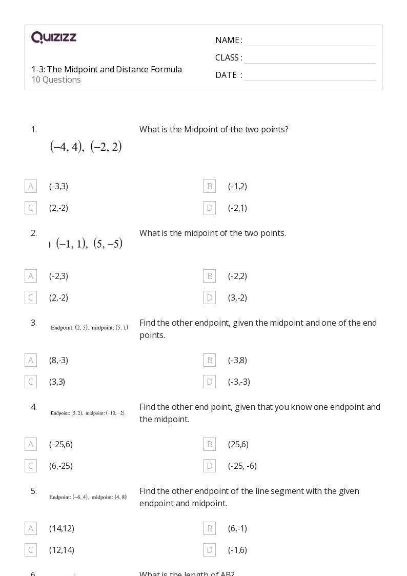 distance formula worksheet 1