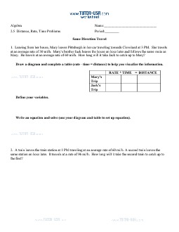 Worksheet: Distance, Rate, Time Word Problems | Algebra Printable