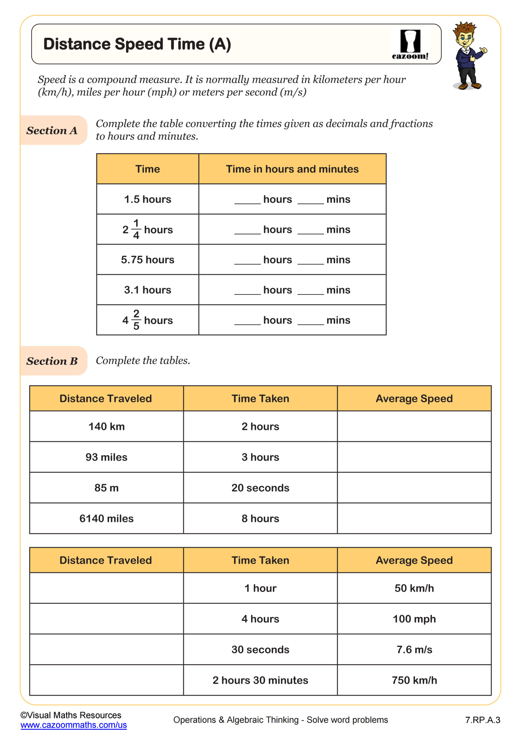 Distance, Speed, and Time (A) Worksheet 7th Grade PDF Worksheets