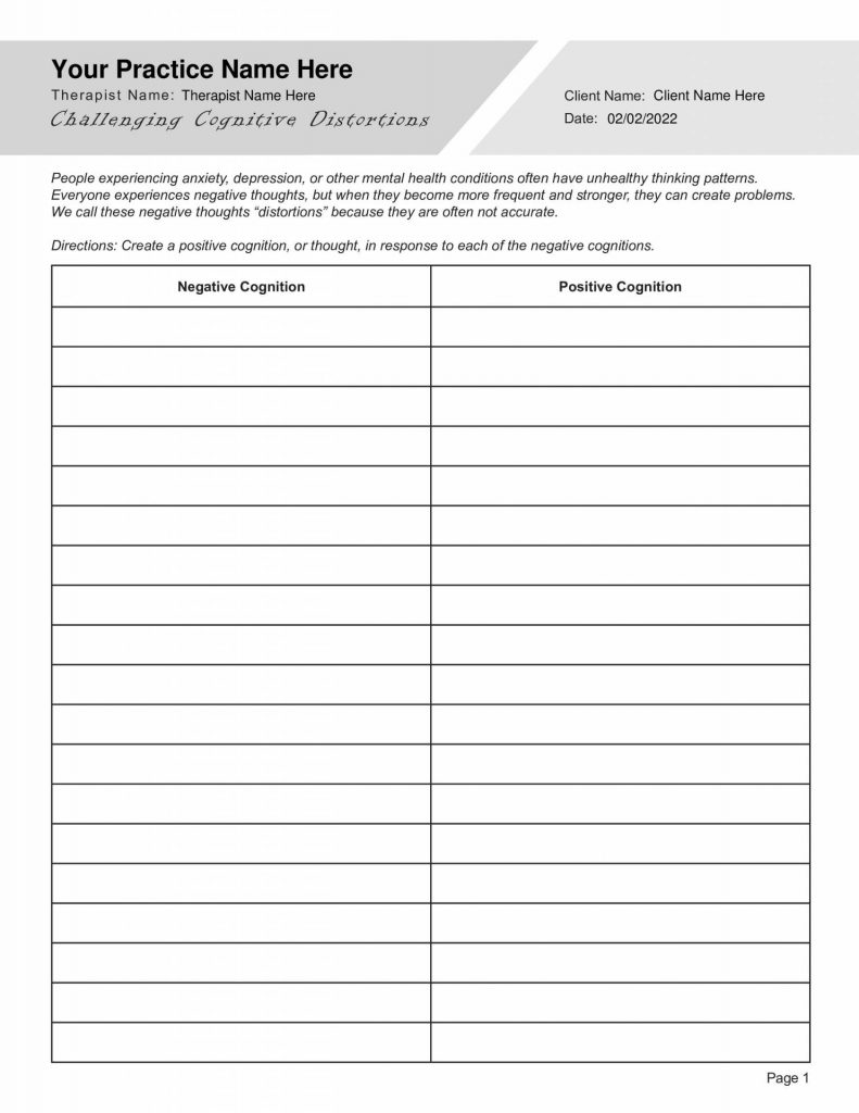 Challenging Cognitive Distortions Worksheet (Editable, Fillable, Printable  PDF)