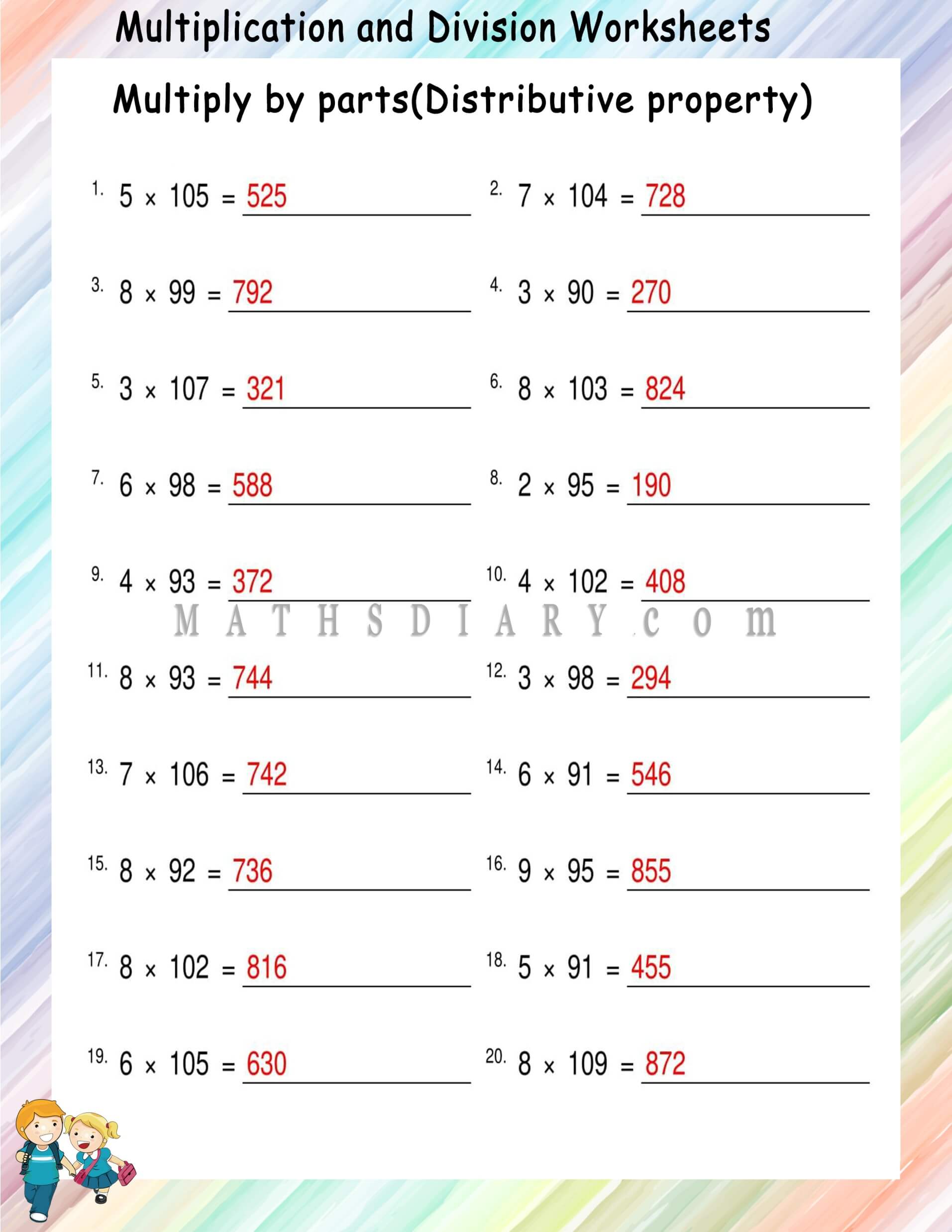 Multiplying By Parts(Distributive Property) worksheets - Math ...