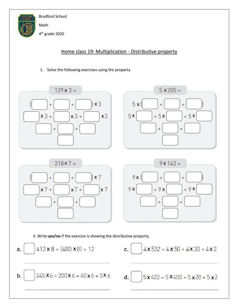 distributive property of multiplication worksheet 4th grade
