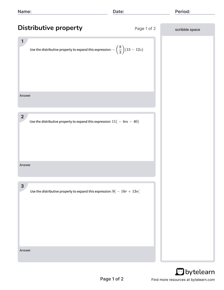 Distributive Property (Expanding) Worksheets [PDF] (7.EE.A.1): 7th ...