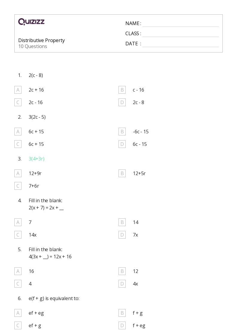 distributive property worksheet 9th grade