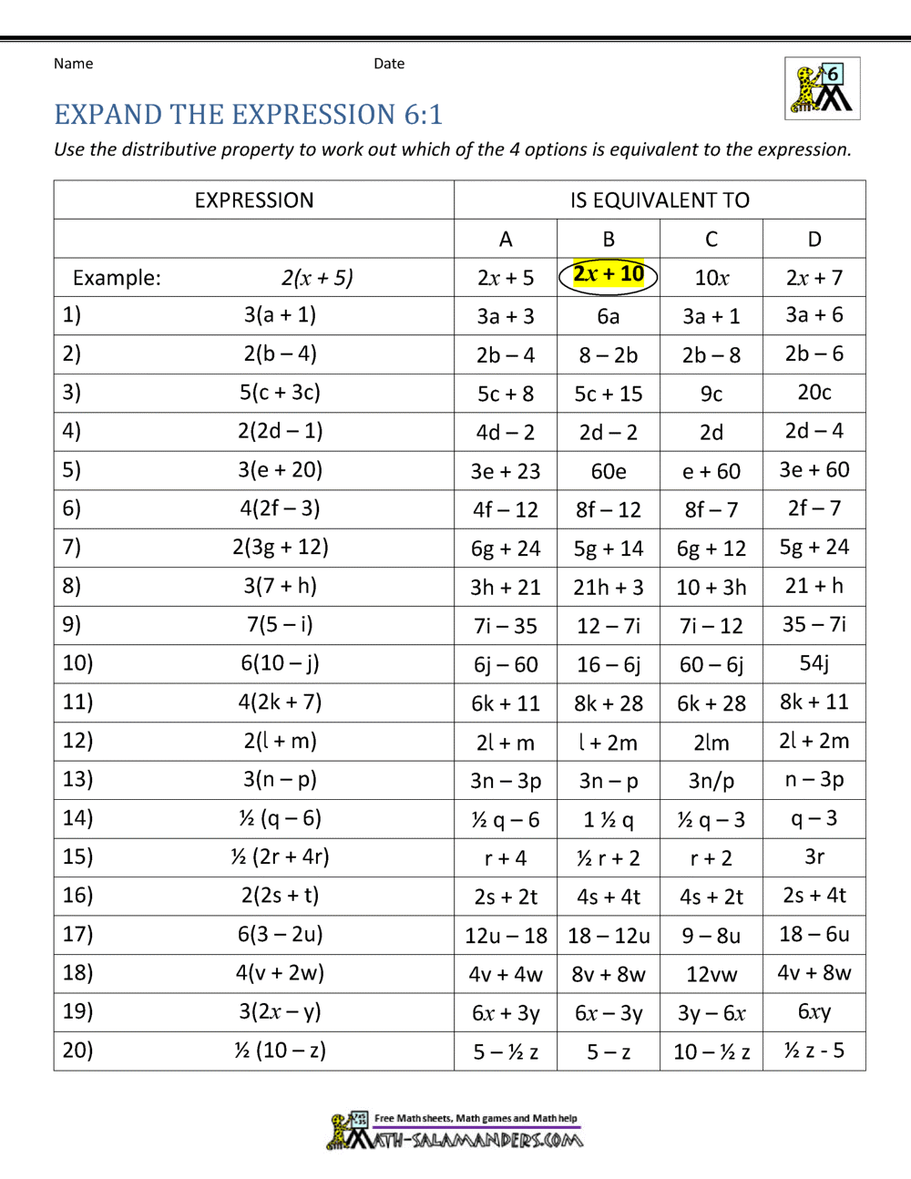 distributive property worksheet for 6th grade