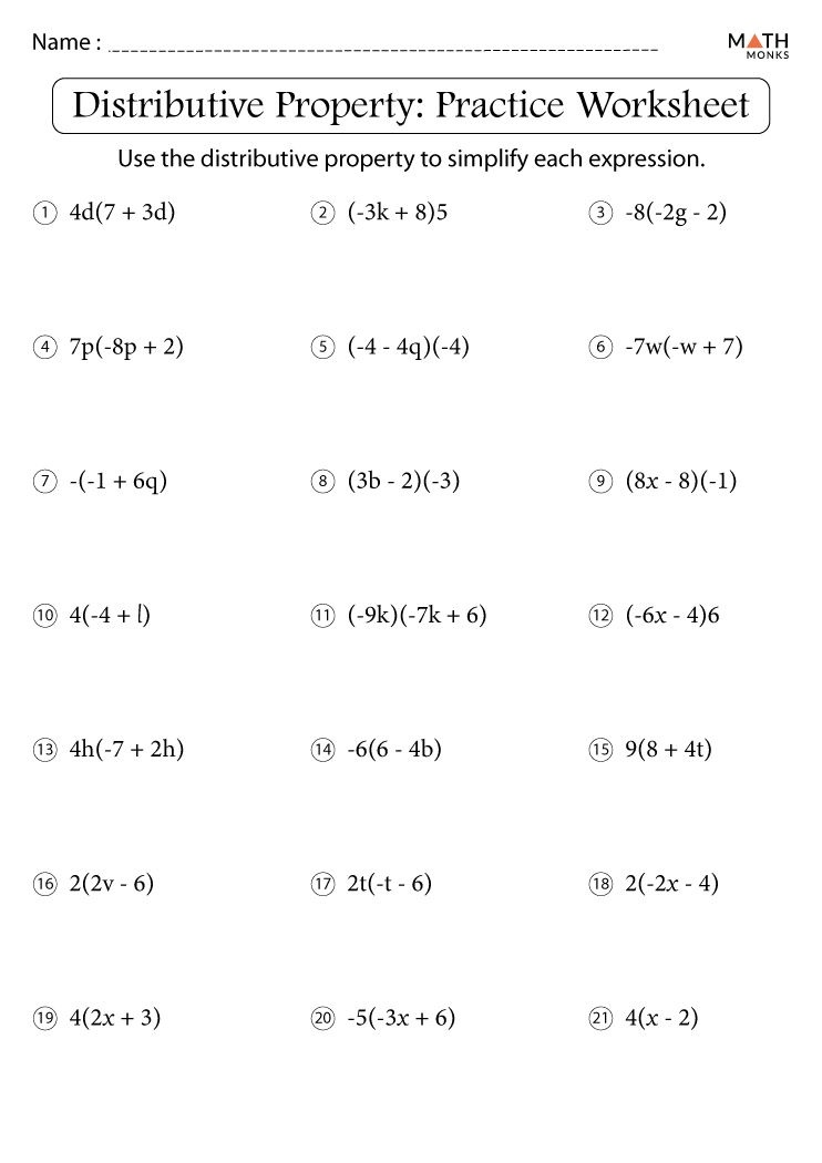 distributive property worksheet middle school