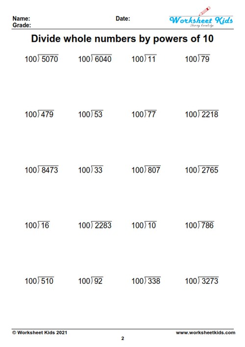 Dividing whole numbers and decimals by powers of 10 - Free printable