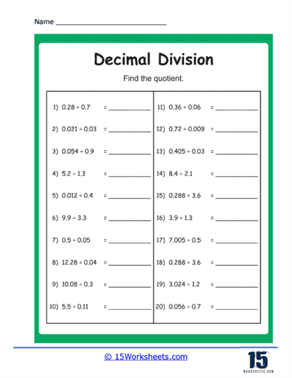 divide decimals by decimals worksheet