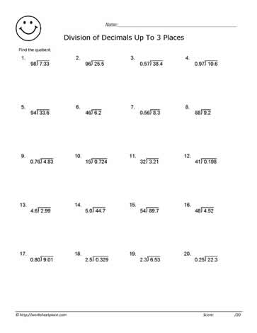 divide decimals by decimals worksheet