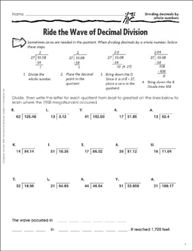 divide decimals by whole numbers worksheet