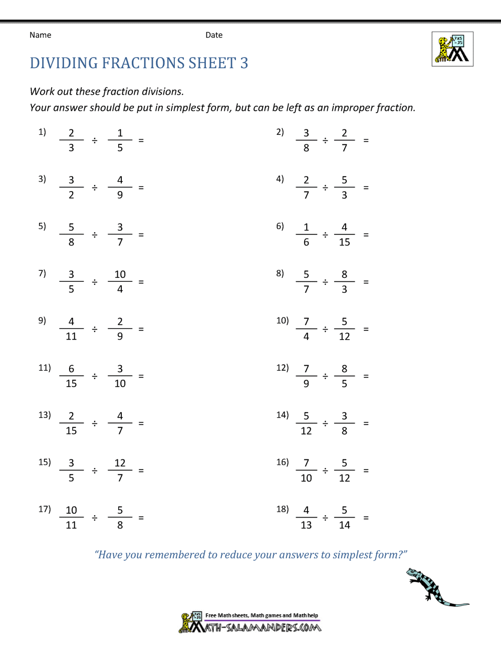 divide fraction worksheet