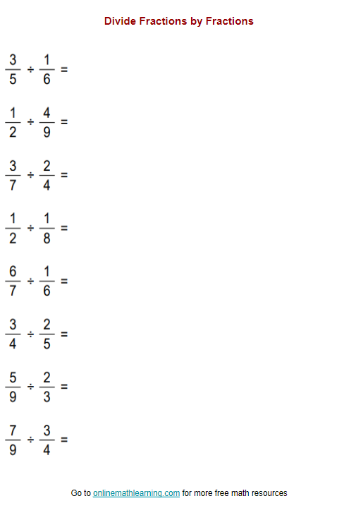 Divide Fractions by Fractions Worksheet (examples, answers, videos ...