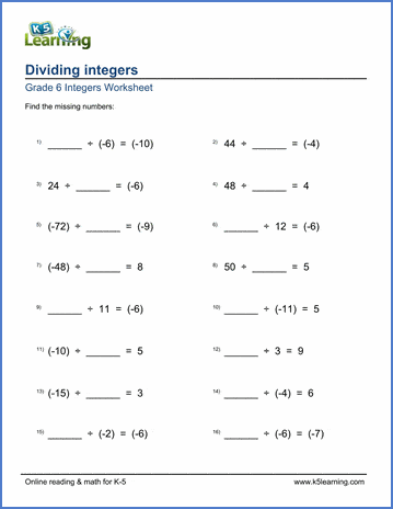 Grade 6 Integers Worksheets: Dividing integers (missing numbers ...