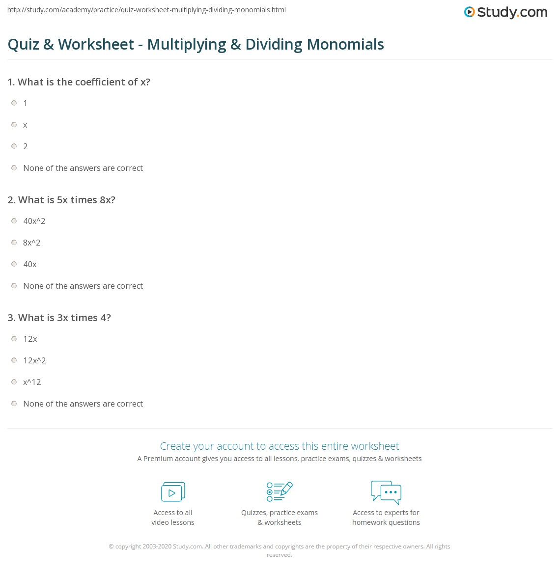 Quiz &  Worksheet - Multiplying &  Dividing Monomials | Study.com