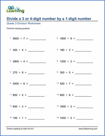 Grade 3 Division Worksheet: divide a number by a 1-digit number ...