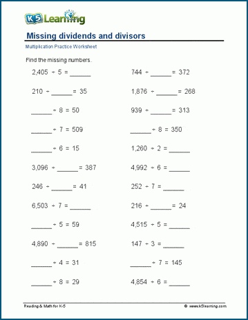 Missing divisor and dividends worksheets | Worsheets library