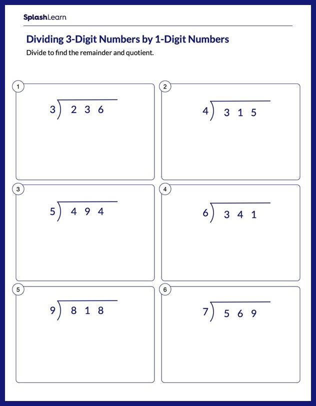 dividing 3 digit by 1 digit numbers worksheet