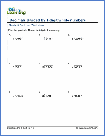 Grade 5 Math Worksheets: Divide decimals by whole numbers ...
