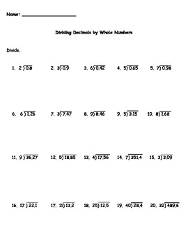 Dividing Decimals by Whole Numbers Worksheet by Kris Milliken worksheets library