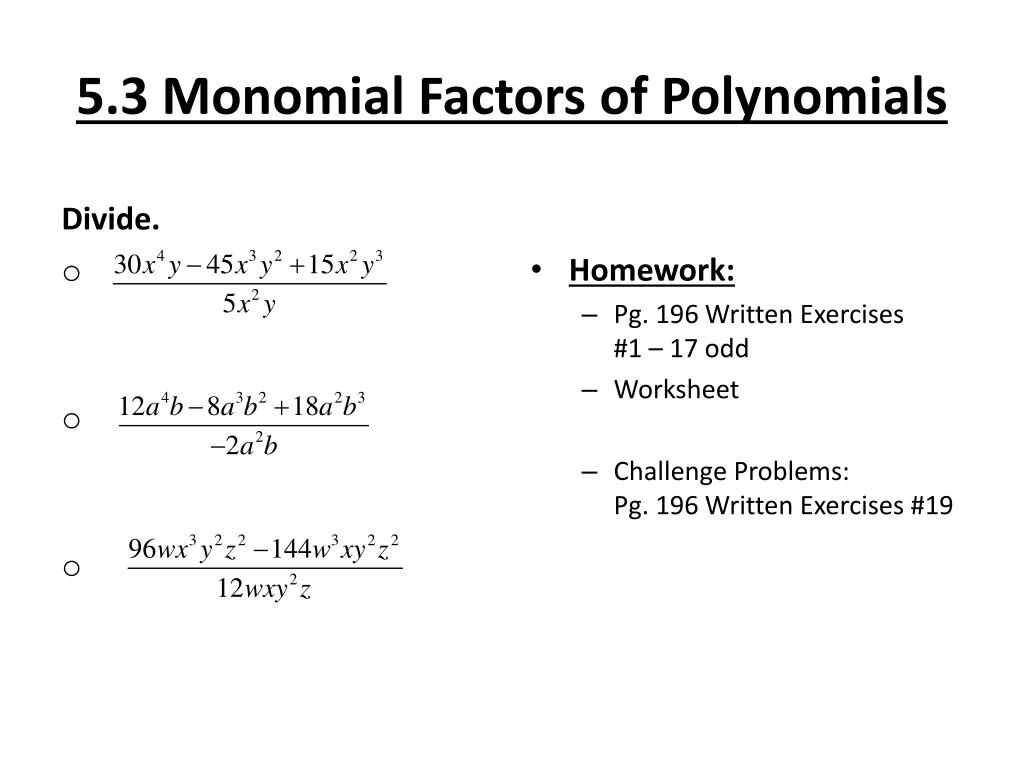 dividing a polynomial by a monomial worksheet