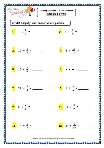 dividing a whole number by a fraction worksheet