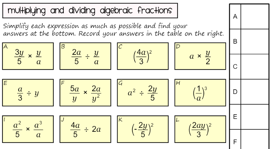 dividing algebraic fractions worksheet