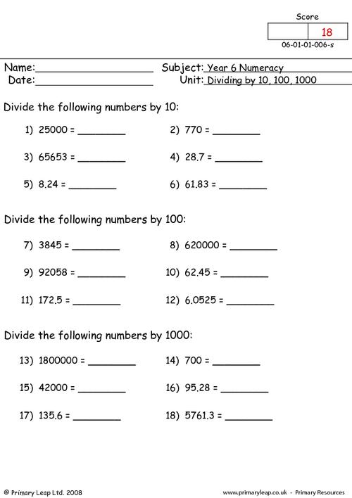 dividing by 10 100 1000 worksheet